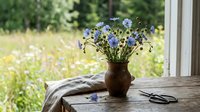 Rustic wooden table with ceramic vase of blue wildflowers, linen cloth and scissors in countryside setting with blurred meadow background.