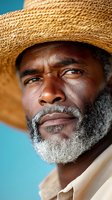 Close-up portrait of mature African American man wearing woven straw hat with gray beard looking thoughtfully into distance against blue sky background.