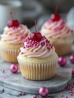Vanilla cupcakes with pink swirled frosting topped with maraschino cherries and pink sugar pearls on marble serving board for dessert menu photography.