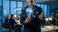 Professional businessman holding glowing brain lightbulb with digital security icons in modern office environment representing innovation and cybersecurity.