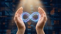 Hands protecting glowing infinity symbol representing endless possibilities, eternal concepts, and unlimited potential in digital technology environment.