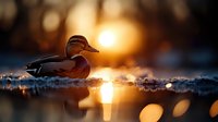 Mallard duck resting on frosty shoreline at sunset with golden light reflection on water surface creating atmospheric nature scene.