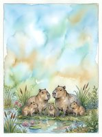Watercolor capybara family with babies relaxing by pond surrounded by marsh plants and flowers under soft cloudy sky for nature illustration projects.