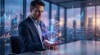 Professional businessman analyzing holographic financial data charts and graphs in modern office environment with digital technology interface.