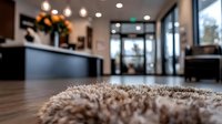Modern office reception area with plush beige carpet in foreground, blurred front desk and glass entrance doors, warm lighting creates welcoming atmosphere.