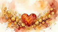 Watercolor heart surrounded by golden coins and floral elements in warm red and orange tones, symbolizing love, wealth, and prosperity.