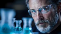 Senior male scientist with gray beard and protective eyewear conducting laboratory research with glass beakers and chemical solutions in professional lab setting for scientific education and research concepts.