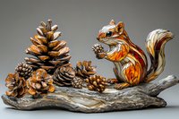 Decorative woodland scene with painted ceramic chipmunk holding nut among natural pine cones on driftwood base, artistic home decor arrangement.