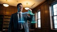 Professional Caucasian male lawyer holding scales of justice in elegant wood-paneled law office with legal books. Legal consultation and attorney services concept.