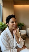 Woman with dark curly hair and medium brown skin tone relaxing in modern spa or wellness center wearing white robe, touching face thoughtfully near potted plants and warm lighting for spa, wellness, and self-care concepts.