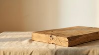 Rustic wooden cutting board with natural grain and crack detail on linen fabric surface for kitchen cooking and food preparation backgrounds.