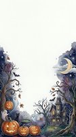 Watercolor Halloween border frame with haunted house, jack-o-lanterns, ghosts, bats, and crescent moon, with copy space for text.