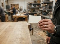 Craftsman holding blank business card in woodworking workshop studio with tools and wooden furniture in background, ready for branding and contact information.