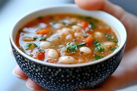 Homemade bean soup with carrots, fresh herbs and vegetables in black polka dot bowl, close up view of hot nutritious comfort food for winter meals.