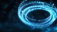 Glowing blue spiral of luminous particles creating magical light trail effect against dark background, cosmic energy visualization for abstract designs.