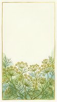 Botanical illustration featuring delicate fennel or dill plants with umbrella-shaped flower clusters in gold and green tones, isolated on cream background with gold border frame, suitable for stationery, invitations, and design projects.