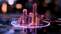 Futuristic cityscape with glowing neon pink skyscrapers reflected on dark surface, light trails and bokeh effects create magical urban nightscape atmosphere.