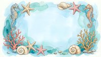 Watercolor ocean frame with seahorses, starfish, shells, and coral on white background, isolated design element for invitations, cards, and coastal themed projects.