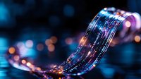 Glowing fiber optic cable with blue and purple light effects against dark background with bokeh lights, modern technology and digital communication concept.