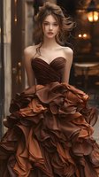 Young woman in luxurious brown ruffled ball gown with sweetheart neckline and dramatic layered skirt, standing against evening city backdrop with bokeh lights.