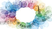 Colorful watercolor music notes and instruments flow in circular pattern with piano keys, saxophone and treble clef on white background for creative projects.