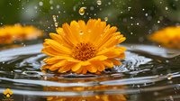 Vibrant orange calendula flower floating on water surface with ripples and water drops creating circular patterns against blurred green nature background.
