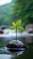 Young green plant growing from stone in water with reflection, symbolizing growth, resilience and new beginnings against blurred natural background.