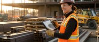 Young female construction worker in safety vest and hard hat using digital tablet at building site during golden hour sunset.