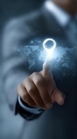 African American businessman touching glowing location pin icon over digital world map background, representing global business navigation and targeting.