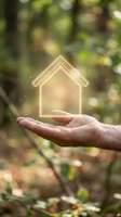 Hand holding glowing house icon with natural green bokeh background for real estate and home protection concepts.