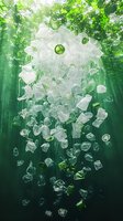Floating plastic waste forms jellyfish shape in green underwater scene, highlighting environmental pollution and ocean conservation awareness through artistic composition.