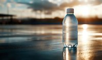 Clear plastic water bottle on wet surface against dramatic sunset sky, creating reflective glow for advertising and product photography.