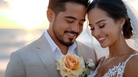 Romantic newlywed couple sharing intimate moment at sunset beach wedding, bride in lace dress and groom in light suit with peach rose boutonniere, soft golden light.