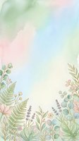 Soft watercolor botanical background with pastel green, pink, and blue hues, featuring ferns, eucalyptus, and wildflowers for cards or invitations.