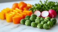 Fresh colorful vegetables arranged in rows including orange bell peppers, brussels sprouts, radishes and parsley on white surface, selective focus on sprouts.