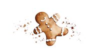 Watercolor gingerbread man cookie with white icing decoration and brown paint splatter effect on white background, festive holiday food art.