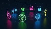 Neon business icons glowing on dark background with colorful light beams. Digital marketing symbols for corporate presentations and startup concepts.