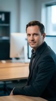 Professional Caucasian businessman in dark suit sitting at wooden desk in modern office environment looking confidently at camera for corporate marketing.
