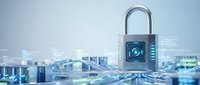 Digital padlock with glowing interface floating above futuristic circuit board representing cybersecurity, data protection and network safety technology.