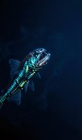 Deep sea fish with bioluminescent spots swimming in dark blue ocean waters. Marine life underwater photography for scientific and educational content.