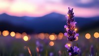 Purple lavender flower in focus with blurred mountain landscape and warm bokeh lights at sunset creating dreamy romantic atmosphere for wellness spa concepts.