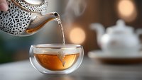 Hot tea pouring from ornate silver teapot into modern double-walled glass cup with steam rising, blurred teapot in background creates cozy atmosphere.