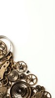 Vintage clockwork mechanism with brass gears and springs arranged on white background for steampunk design projects and mechanical concepts.