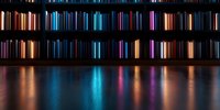 Colorful glowing book spines on dark library shelves creating vibrant light reflections on glossy floor surface, modern interior with dramatic lighting effect.
