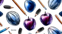 Seamless pattern with hand drawn purple apples, blue plums, wooden pencils and paint brushes on white background. Back to school art concept.
