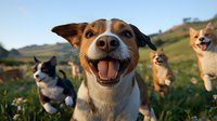 Happy mixed breed dog with open mouth and joyful expression running in green meadow with wildflowers, group of dogs playing in summer field at sunset.