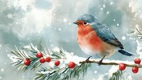 Winter robin perched on snowy pine branch with red berries, watercolor style artwork showing festive holiday nature scene against soft bokeh background.