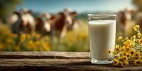 Fresh glass of milk on rustic wooden table with yellow wildflowers and dairy cows grazing in blurred background. Farm-fresh dairy concept.