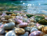 Underwater view of smooth river stones with sunlight creating sparkles on water surface, showing tranquil nature scene with pebbles in shades of pink and green.