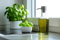 Fresh basil herbs in white bowl with olive oil dispenser bottle on modern kitchen counter near window for healthy cooking and culinary preparation.